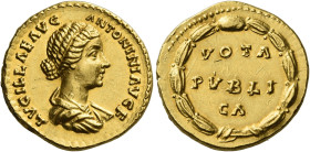 Lucilla, wife of Lucius Verus
Aureus 164-169 or 183 (?), AV 20 mm, 7.25 g. LVCILLAE AVG – ANTONINI AVG F Draped bust r. Rev. VOTA / PVBLI / CA within...