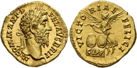 Commodus augustus, 177 – 192
Aureus 186-189, AV 21 mm, 7.24 g. M COMM ANT P – FEL AVG BRIT Laureate head r. Rev. VICTO – RIAE – FELICI Victory, turre...