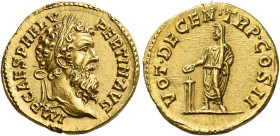 Pertinax, 1st January – 28 th March 193
Aureus 1st January-28th March 193, AV 20 mm, 7.21 g. IMP CAES P HELV – PERTIN AVG Laureate head r. Rev. VOT D...