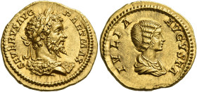 Septimius Severus, 193 – 211
Aureus 201, AV 20 mm, 7.34 g. SEVERVS AVG – PART MAX Laureate bust r., lion's skin over shoulders. Rev. IVLIA – AVGVSTA ...