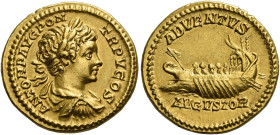 Caracalla augustus, 198 – 217
Aureus 202, AV 20 mm, 7.08 g. ANTON P AVG PON – TR P V COS Laureate, draped and cuirassed bust r. Rev. ADVENTVS / AVGVS...