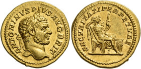 Caracalla augustus, 198 – 217
Aureus 210-213, AV 20 mm, 7.12 g. ANTONINVS – PIVS AVG BRIT Laureate head r. Rev. SECVRITATI PERPETVAE Securitas seated...