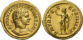 Caracalla augustus, 198 – 217
Aureus 217, AV 20 mm, 6.41 g. ANTONINVS PIV AVG GERM Laureate and cuirassed bust r. Rev. P M TR P X — X – COS III P P S...