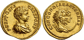 Geta caesar, 198 – 209
Aureus 201, AV 21 mm, 7.23 g. P SEPT GETA – CAES PONT Bareheaded, draped and cuirassed bust r. Rev. CONCORDIAE AETERNAE Jugate...