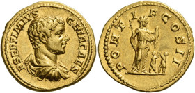 Geta caesar, 198 – 209
Aureus 209, AV 21 mm, 7.18 g. P SEPTIMIVS – GETA CAES Bare headed, draped and cuirassed bust r. Rev. PONT – I – F COS II Femal...