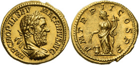 Macrinus, 217 – 218
Aureus December 217, AV 20 mm, 7.19 g. IMP C M OPEL SEV – MACRINVS AVG Laureate, draped and cuirassed bust r. Rev. P M TR P II CO...