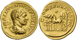 Elagabalus, 218 – 222
Aureus 220-222, AV 20 mm, 6.58 g. IMP ANTONINVS PIVS AVG Laureate, draped and cuirassed bust r. Rev. C – ONSERVATOR AVG Slow qu...