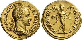 Severus Alexander, 222 – 235
Aureus 227, AV 20 mm, 6.32 g. IMP C M AVR SEV ALEXAND AVG Laureate and draped bust r. Rev. P M TR P VI – COS II P P Mars...