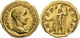 Gordian III, 238 – 244
Aureus 239, AV 19 mm, 4.62 g. IMP CAES M ANT GORDIANVS AVG Laureate, draped and cuirassed bust r. Rev. P M TR P II – COS P P J...