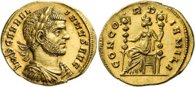 Aurelian, 270-275
Aureus, Siscia 270-275, AV 21 mm, 4.92 g. IMP C AVREL – IANVS AVG Laureate, draped and cuirassed bust r. Rev. CONCO – RD – IA MILI ...