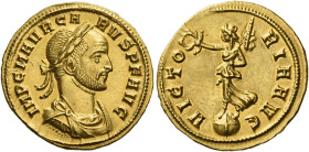 Carus, 282 -– 283
Aureus, Siscia 282-283, AV 19 mm, 3.84 g. IMP C M AVR CA – RVS P F AVG Laureate, draped and cuirassed bust r. Rev. VICTO – RIA AVG ...