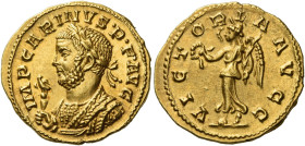 Carinus augustus, 283 – 285
Aureus November 284, AV 18 mm, 4.42 g. IMP CARINVS P F AVG Laureate and mantled bust l., holding eagle-tipped sceptre in ...
