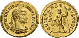 Diocletian, 284 – 305
Aureus, Cyzicus 286, AV 20 mm, 4.59 g. IMP C C VAL DIOCLETIANVS P F AVG Laureate, draped and cuirassed bust r. Rev. IOVI C – ON...