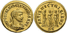 Diocletian, 284 – 305
Aureus, Cyzicus 286-287, AV 21 mm, 5.45 g. IMP C C VAL DIOCLETIANVS AVG Laureate, draped and cuirassed bust r. Rev. FATIS VICTR...