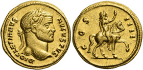 Diocletian, 284 – 305
Aureus, Cyzicus circa 290-293, AV 20 mm, 5.40 g. DIOCLETIANVS – AVGVSTVS Laureate head r. Rev. COS – IIII Emperor riding r., ra...