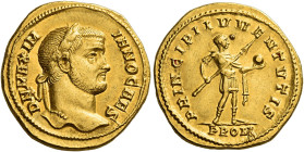 Galerius caesar, 293 – 305
Aureus, 295-296, AV 19 mm, 5.66 g. D N MAXIM – IANO CAES Laureate head r. Rev. PRINCIPI IVVENTVTIS Galerius, in military a...