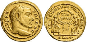 Severus II augustus, 306 – 307
Aureus, Aquileia late 306, AV 18 mm, 5.23 g. SEVERV – S P F AVG Laureate head r. Rev. FELCITAS SAECVLI AVGG NN T wo Vi...