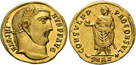 Maximinus II Daia augustus, 310 – 313
Aureus, Antiochia circa 311, AV 19 mm, 5.36 g. MAXIMI – NVS P F AVG Laureate head r. Rev. CONSVL P P – PROCONSV...