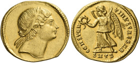 Constantine II caesar, 316 – 337
Solidus, Thessalonica 326, AV 20 mm, 4.47 g. Diademed head r. Rev. CONSTAN – TINVS CAESAR Victory advancing l., hold...