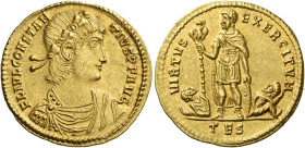 Constantius II augustus, 337 – 361
Solidus, Thessalonica 337-340, AV 22 mm, 4.48 g. FL IVL CONSTAN – TIVS P F AVG Laurel and rosette-diademed, draped...
