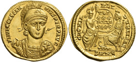 Constantius II augustus, 337 – 361
Solidus, Nicomedia 351–355, AV 22 mm, 4.32 g. FL IVL CONSTAN – TIVS PERP AVG Diademed, draped and cuirassed bust f...