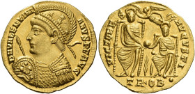 Valentinian I, 364 – 375
Solidus, Treveri circa 370, AV 21 mm, 4.45 g. D N VALENTINI – ANVS P F AVG Pearl-diademed and cuirassed bust l., wearing hel...