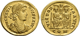 Gratian, 367 – 383
Solidus, Mediolanum 378-383, AV 21 mm, 4.24 g. D N GRATIA – NVS P F AVG Pearl-diademed, draped and cuirassed bust r. Rev. VICTOR –...