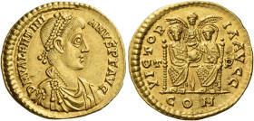 Valentinian II, 375 – 392
Solidus, Treveri August 388-May 392, AV 22 mm, 4.51 g. D N VALENTINI – ANVS P F AVG Pearl-diademed, draped and cuirassed bu...