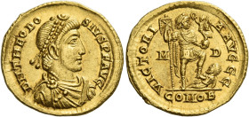 Theodosius I, 379 – 395
Solidus, Mediolanum 395, AV 20 mm, 4.44 g. D N THEODO – SIVS P F AVG Pearl-diademed, draped and cuirassed bust r. Rev. VICTOR...