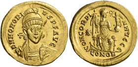 Honorius, 393 – 423
Solidus, Constantinopolis 403-408, AV 21 mm, 4.49 g. D N HONORI –VS P F AVG Helmeted, pearl-diademed and cuirassed bust facing th...