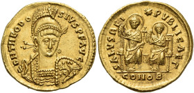 Theodosius II, 402 – 450
Solidus, Constantinopolis 425–429, AV 20 mm, 4.46 g. D N THEODO – SIVS P F AVG Helmeted, pearl-diademed and cuirassed bust f...
