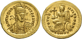 Theodosius II, 402 – 450
Solidus, Constantinopolis circa 430–440, AV 20 mm, 4.46 g. D N THEOSO – SIVS P F AVG Helmeted, pearl-diademed and cuirassed ...