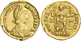 Petronius Maximus, 16th March – 31st May 455
Solidus 16th March – 31st May 455, AV 21 mm, 4.46 g. D N PETRONIVS MA – XIMVS P F AVG Pearl-diademed, dr...
