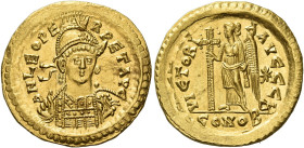 Leo I, 457 – 474
Solidus, Constantinopolis circa 462-466, AV 21 mm, 4.47 g. D N LEO PE – RPET AVG Helmeted, pearl- diademed and cuirassed bust facing...