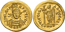 Leo I, 457 – 474
Solidus, Constantinopolis circa 462-466, AV 20 mm, 4.49 g. D N LEO PE – RPET AVG Helmeted, pearl- diademed and cuirassed bust facing...