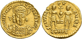 Anthemius, 25th March 467 – 30th June 472
Solidus, Mediolanum 467-472, AV 21 mm, 4.39 g. D N ANTHEMI – VS PERPET AVG Helmeted, pearl- diademed and dr...