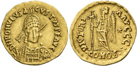 Romulus Augustus, 31st October 475 – 4th September 476
Solidus, Mediolanum 475-476, AV 20 mm, 4.42 g. DN ROMVLVS A – GVSTVS P F AVG Helmeted, pearl-d...
