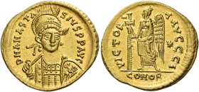 Anastasius, 11th April 491 – 1st July 518
Solidus 491-498, AV 21 mm, 4.48 g. D N ANASTA – SIVS P P AVG Helmeted, pearl-diademed and cuirassed bust fa...