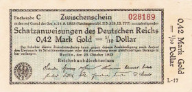 Deutsche Reichsbank- Zwischenscheine auf Schatzanweisungen des Deutschen Reiches 1923
 0,42 Mark Gold = 1/10 Dollar 23.10.1923. mit Firmenzeichen L-1...