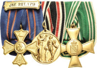 Ordensspangen
Spange mit 3 Auszeichnungen Militärvereine-Regiments-Erinnerungskreuz der ehemaligen Deutschen Wehrmacht ohne Schwertern mit Spange "IN...
