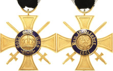 Orden deutscher Länder Preußen
Königlicher Kronen-Orden, Kreuz 4. Klasse mit Schwertern Verliehen 1867-1914. Bronze, vergoldet, teilemailliert. 42,5 ...