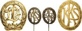 Lots
Lot-4 Stück Bayerisches Sport-Leistungs-Abzeichen in Gold. Verliehen 1949-2012. Hohlprägung, Bronze vergoldet, 45 x 39 mm, 14,95 g. Ehrennadel i...