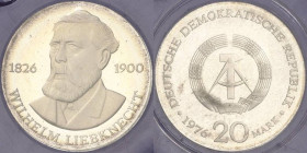 Kurs- und Gedenkmünzen
 20 Mark 1976. Liebknecht. Im verplombten Originaletui Jaeger 1561 Polierte Platte