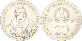 Kurs- und Gedenkmünzen
 20 Mark 1983. Luther. Im PCGS-Slab mit der Bewertung MS68 Jaeger 1591 Fast Stempelglanz