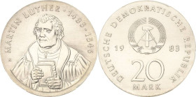 Kurs- und Gedenkmünzen
 20 Mark 1983. Luther. Im PCGS-Slab mit der Bewertung MS67 Jaeger 1591 Fast Stempelglanz