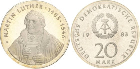 Kurs- und Gedenkmünzen
 20 Mark 1983. Luther. Im verplombten Originaletui Jaeger 1591 Polierte Platte