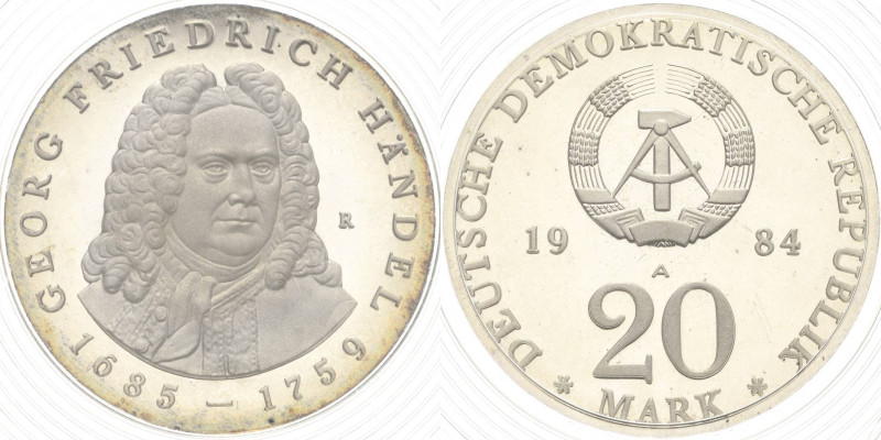 Kurs- und Gedenkmünzen
 20 Mark 1984. Händel. Im verplombten Originaletui Jaege...