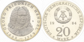 Kurs- und Gedenkmünzen
 20 Mark 1984. Händel. Im verplombten Originaletui Jaeger 1595 Polierte Platte