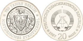 Kurs- und Gedenkmünzen
 20 Mark 1987. Stadtsiegel Jaeger 1607 Stempelglanz/fast Stempelglanz