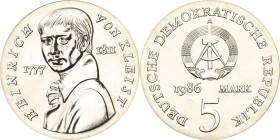 Kurs- und Gedenkmünzen
 5 Mark 1986. Kleist Jaeger 1611 Stempelglanz